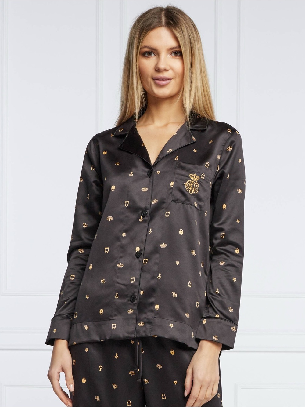 Ralph Lauren Dark Brown Satin Pajama Set with Gold Motif